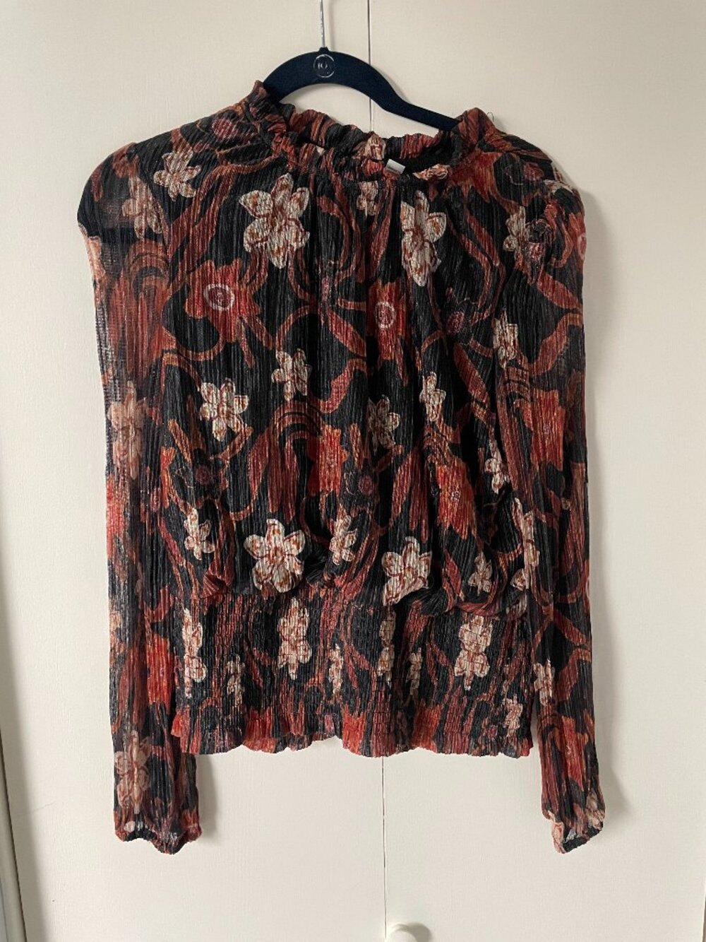 Joie Metallic Floral Smocked Semi Sheer Chiffon Long Sleeve Crinkle Blouse XL